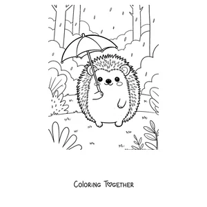 Coloring page of a hedgehog holding an umbrella in the rain