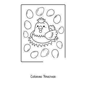 Coloring page of a hen on the nest surrounded by eggs