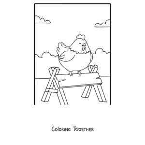 Coloring page of a hen perched on a beam