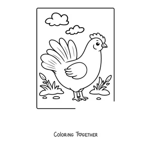 Coloring page of a hen standing in the grass