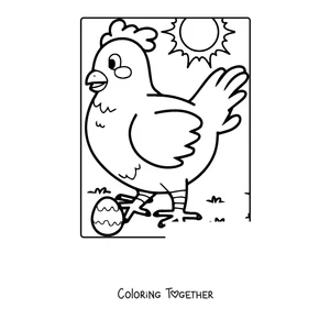 Coloring page of a hen walking in the sun with an egg