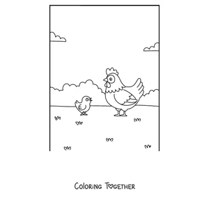 Coloring page of a mother hen with her chick