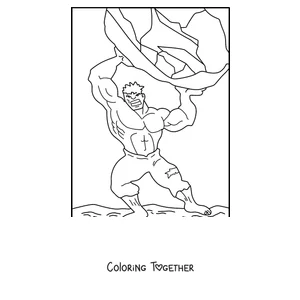 Coloring page of Hulk lifting a giant boulder