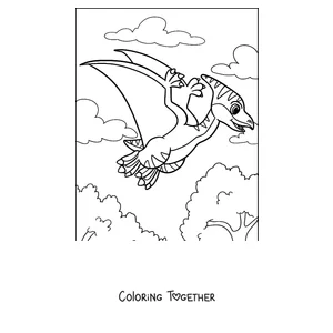 Coloring page of a kawaii pterodactyl flying over the hills