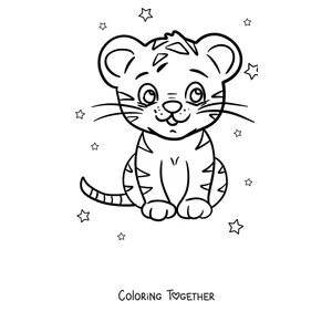 Coloring page of a kawaii tiger sitting among stars