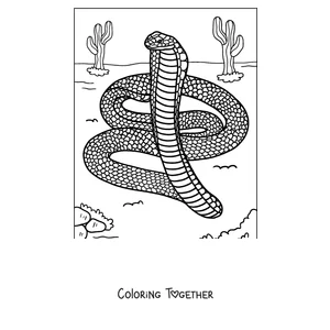 Coloring page of a king cobra coiled in the desert