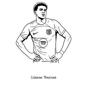 Coloring page of Lamine Yamal standing with his hands on his hips in the Barcelona shirt