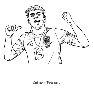 Coloring page of Lamine Yamal celebrating a goal in the Spain shirt