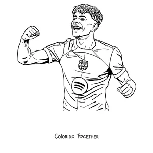 Coloring page of Lamine Yamal flexing his arm in the Barcelona shirt