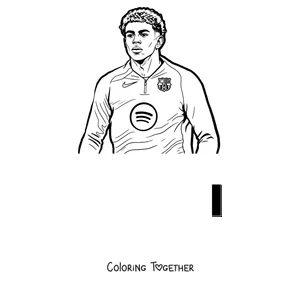 Coloring page of Lamine Yamal standing with his arms crossed in the Barcelona shirt