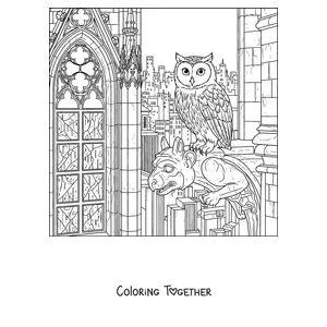 Coloring page of a Meowl by a gothic stained-glass window