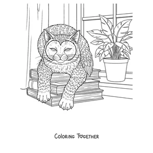 Coloring page of a Meowl resting on a stack of books