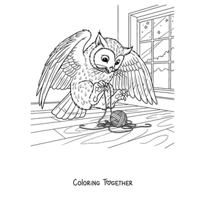 Coloring page of a Meowl playing with a ball of yarn