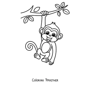 Coloring page of a monkey hanging from a branch by its tail