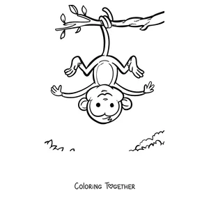 Coloring page of a monkey hanging upside down from a branch