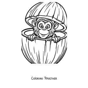 Coloring page of a monkey peeking out of a coconut