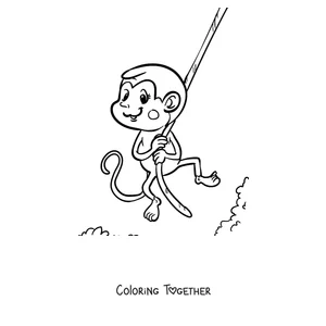Coloring page of a monkey swinging from a vine