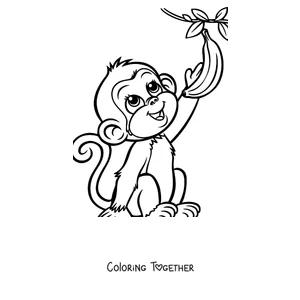 Coloring page of a monkey sitting and holding a banana