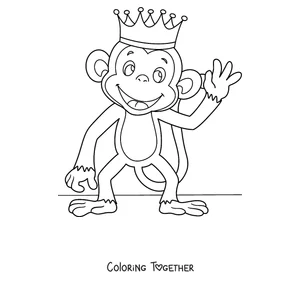Coloring page of a monkey wearing a crown and waving