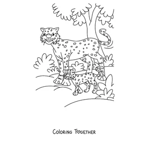 Coloring page of a mother cheetah walking with her cub