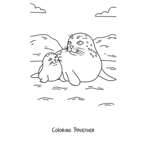Coloring page of a mother seal and her pup on the shore