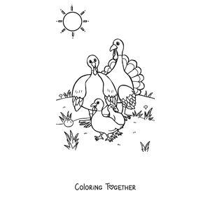 Coloring page of a mother turkey strolling with her poults