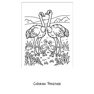 Coloring page of an ostrich family with its chicks