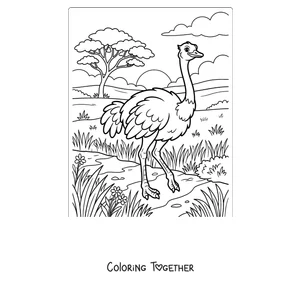 Coloring page of an ostrich in the African savanna