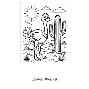 Coloring page of an ostrich next to a cactus in the desert