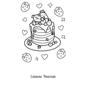 Coloring page of a pancake tower with strawberries
