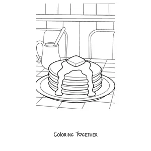 Coloring page of a stack of pancakes with butter and syrup