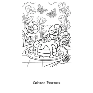 Coloring page of pancakes with strawberries in a garden with butterflies