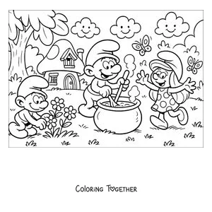 Coloring page of Papa Smurf brewing a potion in his cauldron