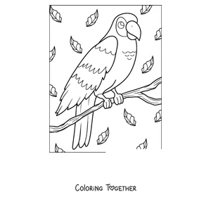 Coloring page of a parrot perched among the leaves