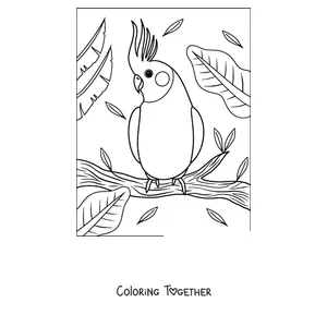 Coloring page of a crested parrot perched on a branch
