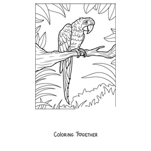 Coloring page of a detailed parrot perched on a leafy branch