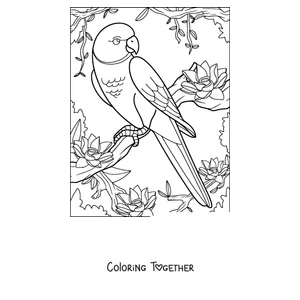Coloring page of a long-tailed parrot perched on a tree