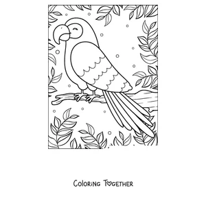 Coloring page of a smiling parrot perched among leaves