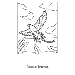 Coloring page of a tropical parrot flying over the jungle
