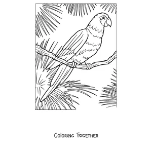 Coloring page of a parrot perched among tropical leaves