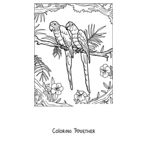 Coloring page of two parrots perched together on a branch
