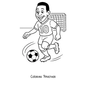 Coloring page of Pelé as a cartoon running with the ball toward the goal