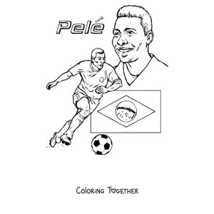 Coloring page of Pelé dribbling with the flag of Brazil