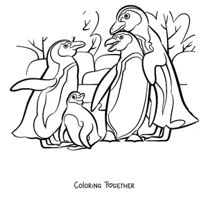 Coloring page of a penguin family with their chick