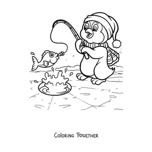 Coloring page of a penguin fishing on the ice