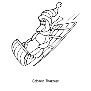 Coloring page of a penguin sledding downhill
