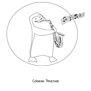 Coloring page of a penguin playing the saxophone