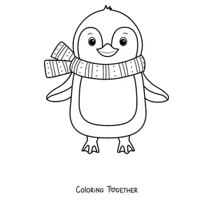 Coloring page of a penguin standing with a scarf