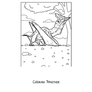 Coloring page of a pterodactyl resting beside a tree