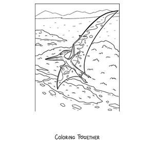 Coloring page of a pterodactyl gliding over an island